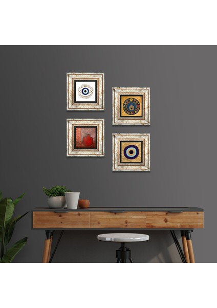 Nazar, Nar Taş Duvar Tablosu Çerçeveli Duvar Dekoru 4 Parça Tablo Seti Wall Art T4-1806