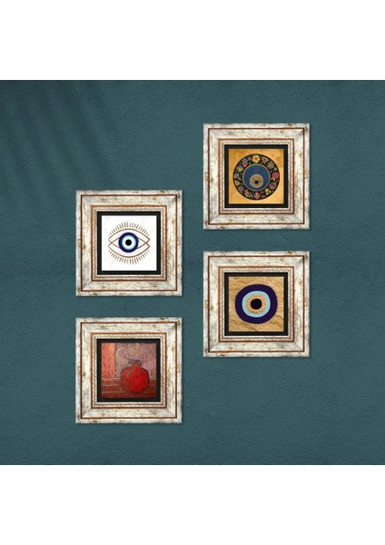 Nazar, Nar Taş Duvar Tablosu Çerçeveli Duvar Dekoru 4 Parça Tablo Seti Wall Art T4-1806