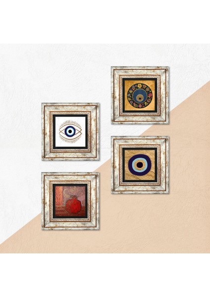 Nazar, Nar Taş Duvar Tablosu Çerçeveli Duvar Dekoru 4 Parça Tablo Seti Wall Art T4-1806