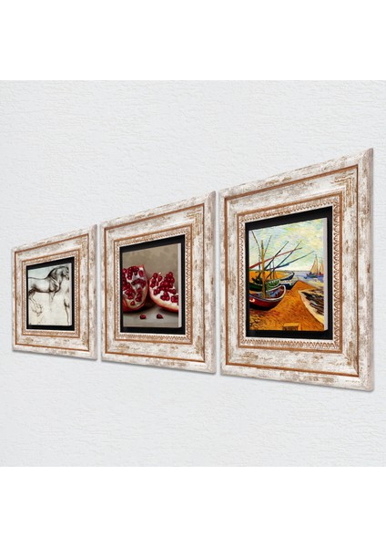 Van Gogh Balıkçı Tekneleri, Da Vinci At Heykeli, Nar Taş Duvar Tablosu Çerçeveli Duvar Dekoru 3 Parça Tablo Seti Wall Art T3-1341