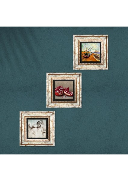 Van Gogh Balıkçı Tekneleri, Da Vinci At Heykeli, Nar Taş Duvar Tablosu Çerçeveli Duvar Dekoru 3 Parça Tablo Seti Wall Art T3-1341