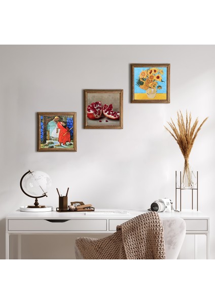Van Gogh On İki Ayçiçekli Vazo, Kaplumbağa Terbiyecisi, Nar Taş Duvar Tablosu Ahşap Çerçeveli Duvar Dekoru 3 Parça Tablo Seti Wall Art W3-1572