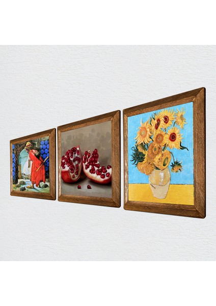 Van Gogh On İki Ayçiçekli Vazo, Kaplumbağa Terbiyecisi, Nar Taş Duvar Tablosu Ahşap Çerçeveli Duvar Dekoru 3 Parça Tablo Seti Wall Art W3-1572