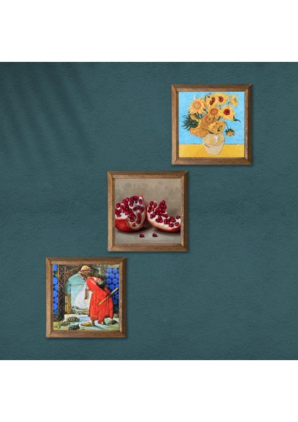 Van Gogh On İki Ayçiçekli Vazo, Kaplumbağa Terbiyecisi, Nar Taş Duvar Tablosu Ahşap Çerçeveli Duvar Dekoru 3 Parça Tablo Seti Wall Art W3-1572