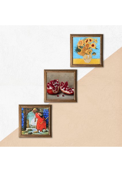 Van Gogh On İki Ayçiçekli Vazo, Kaplumbağa Terbiyecisi, Nar Taş Duvar Tablosu Ahşap Çerçeveli Duvar Dekoru 3 Parça Tablo Seti Wall Art W3-1572