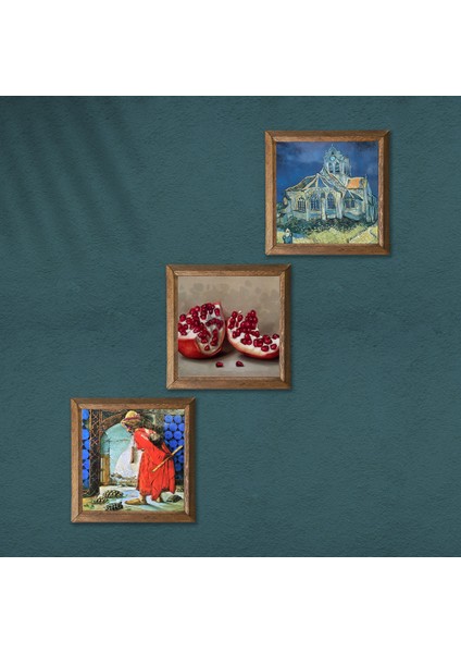 Van Gogh Auvers'deki Kilise, Kaplumbağa Terbiyecisi, Nar Taş Duvar Tablosu Ahşap Çerçeveli Duvar Dekoru 3 Parça Tablo Seti Wall Art W3-1576