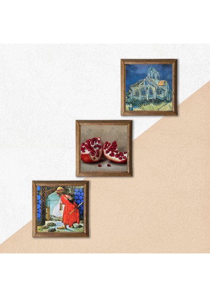 Van Gogh Auvers'deki Kilise, Kaplumbağa Terbiyecisi, Nar Taş Duvar Tablosu Ahşap Çerçeveli Duvar Dekoru 3 Parça Tablo Seti Wall Art W3-1576