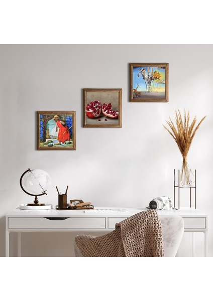 Salvador Dalí, Kaplumbağa Terbiyecisi, Nar Taş Duvar Tablosu Ahşap Çerçeveli Duvar Dekoru 3 Parça Tablo Seti Wall Art W3-1582