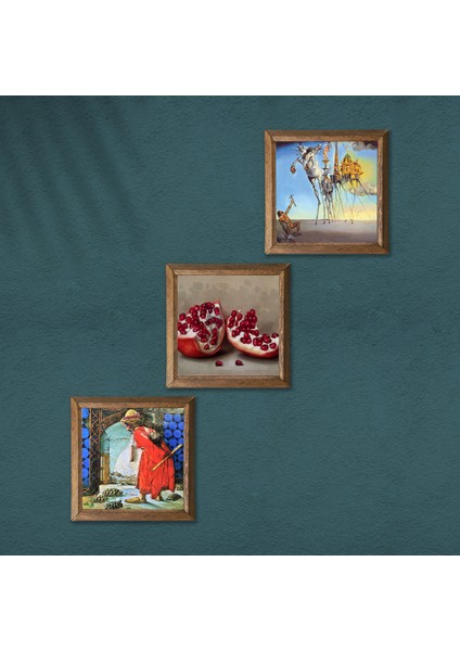 Salvador Dalí, Kaplumbağa Terbiyecisi, Nar Taş Duvar Tablosu Ahşap Çerçeveli Duvar Dekoru 3 Parça Tablo Seti Wall Art W3-1582 modelleri