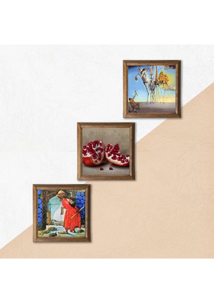 Salvador Dalí, Kaplumbağa Terbiyecisi, Nar Taş Duvar Tablosu Ahşap Çerçeveli Duvar Dekoru 3 Parça Tablo Seti Wall Art W3-1582 indirimleri