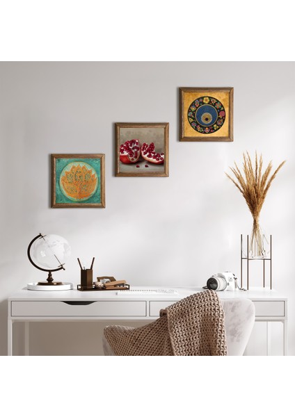 Lotus Çiçeği, Nazar, Nar Ahşap Çerçeveli Taş Duvar Tablosu 3’lü Set – 25x25 cm Dekoratif Modern Sanat – Ev ve Ofis Dekoru |W3-1608|