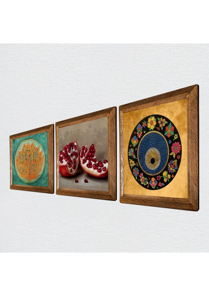 Lotus Çiçeği, Nazar, Nar Ahşap Çerçeveli Taş Duvar Tablosu 3’lü Set – 25x25 cm Dekoratif Modern Sanat – Ev ve Ofis Dekoru |W3-1608| fiyatları