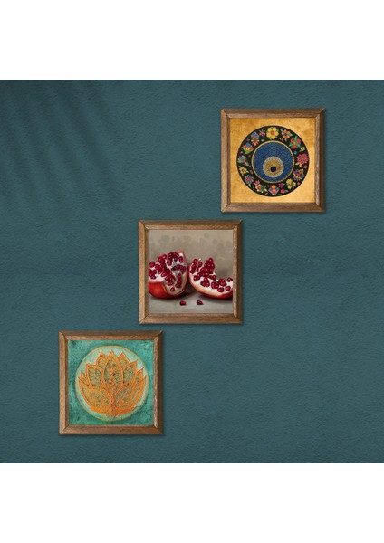 Lotus Çiçeği, Nazar, Nar Ahşap Çerçeveli Taş Duvar Tablosu 3’lü Set – 25x25 cm Dekoratif Modern Sanat – Ev ve Ofis Dekoru |W3-1608| modelleri