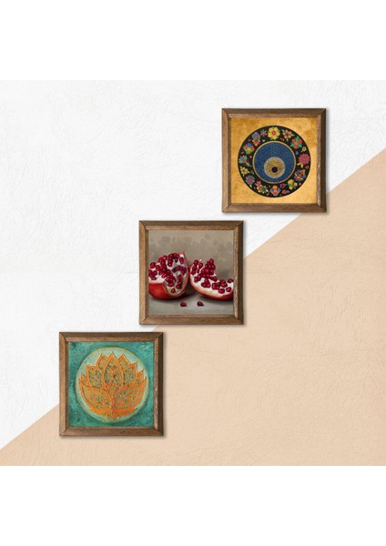 Lotus Çiçeği, Nazar, Nar Ahşap Çerçeveli Taş Duvar Tablosu 3’lü Set – 25x25 cm Dekoratif Modern Sanat – Ev ve Ofis Dekoru |W3-1608| indirimleri