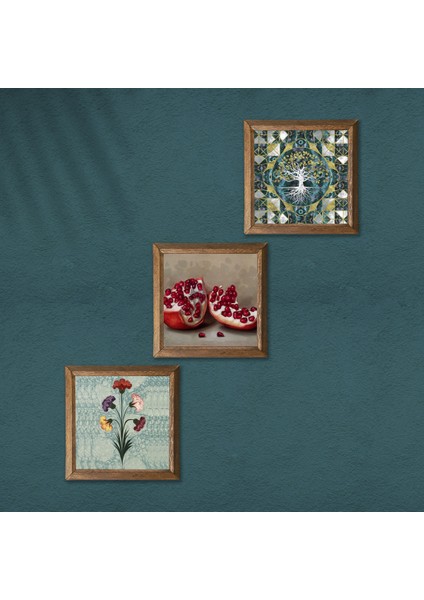 Ebru Sanatı, Hayat Ağacı, Nar Taş Duvar Tablosu Ahşap Çerçeveli Duvar Dekoru 3 Parça Tablo Seti Wall Art W3-1698