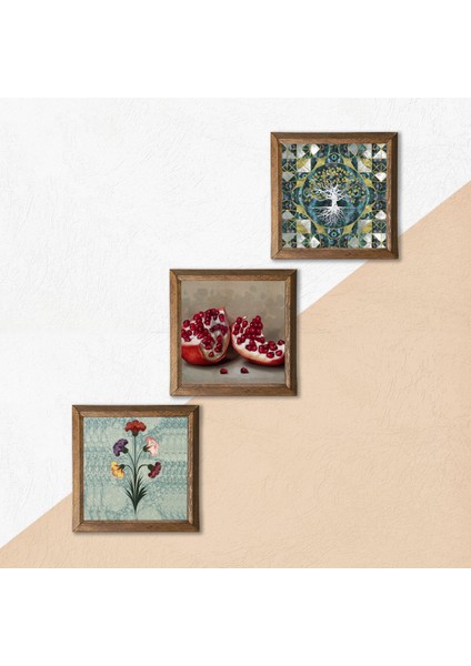 Ebru Sanatı, Hayat Ağacı, Nar Taş Duvar Tablosu Ahşap Çerçeveli Duvar Dekoru 3 Parça Tablo Seti Wall Art W3-1698