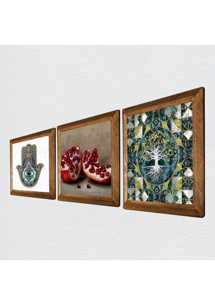 Hayat Ağacı, Nar, Fatma Ana Eli (Hamsa) Taş Duvar Tablosu Ahşap Çerçeveli Duvar Dekoru 3 Parça Tablo Seti Wall Art W3-201