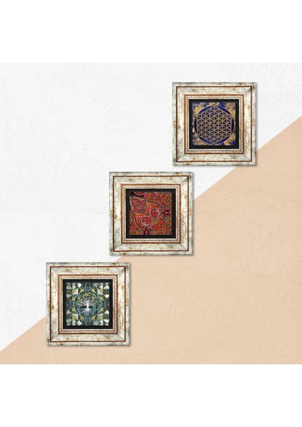 Hayat Ağacı, Yaşam Çiçeği, Desen Çerçeveli Taş Duvar Tablosu 3’lü Set - Dekoratif Modern Sanat, Ev ve Ofis Dekoru |TK3-380| indirimleri