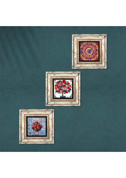 Stone Mandala, Nar, Nar Ağacı Çerçeveli Taş Duvar Tablosu 3’lü Set - Dekoratif Modern Sanat, Ev ve Ofis Dekoru |TK3-383| fırsatları