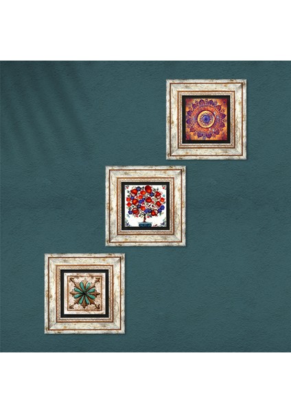 Mandala, Fas Desenli Vintage, Nar Ağacı Çerçeveli Taş Duvar Tablosu 3’lü Set - Dekoratif Modern Sanat, Ev ve Ofis Dekoru |TK3-390| fırsatları