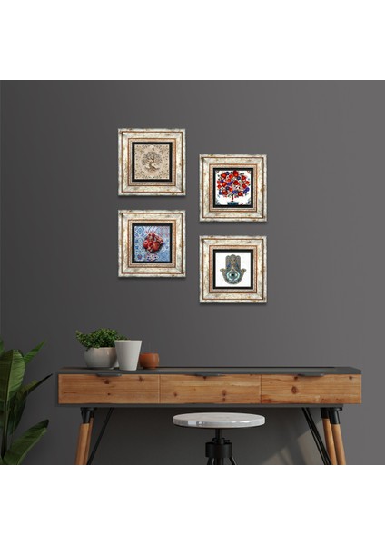 Hayat Ağacı, Nar, Nar Ağacı, Fatma Ana Eli (Hamsa) Taş Duvar Tablosu Çerçeveli Duvar Dekoru 4 Parça Tablo Seti Wall Art T4-107