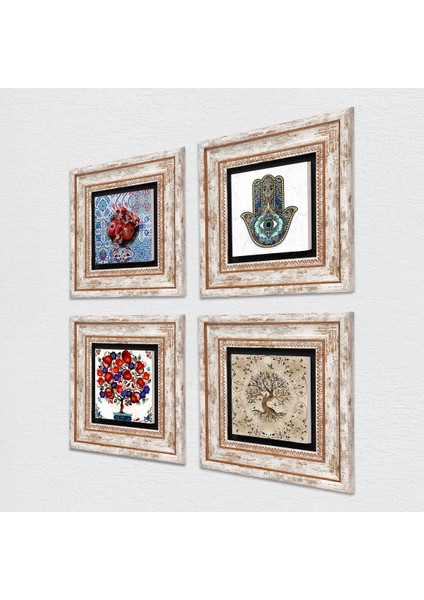 Hayat Ağacı, Nar, Nar Ağacı, Fatma Ana Eli (Hamsa) Taş Duvar Tablosu Çerçeveli Duvar Dekoru 4 Parça Tablo Seti Wall Art T4-107