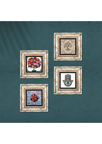 Hayat Ağacı, Nar, Nar Ağacı, Fatma Ana Eli (Hamsa) Taş Duvar Tablosu Çerçeveli Duvar Dekoru 4 Parça Tablo Seti Wall Art T4-107