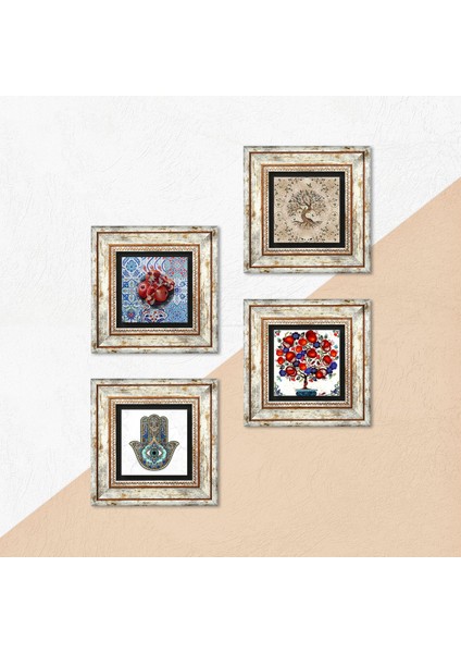 Hayat Ağacı, Nar, Nar Ağacı, Fatma Ana Eli (Hamsa) Taş Duvar Tablosu Çerçeveli Duvar Dekoru 4 Parça Tablo Seti Wall Art T4-107