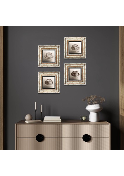 Stone Kahve Çerçeveli Taş Duvar Tablosu 4’lü Set - Dekoratif Modern Sanat, Ev ve Ofis Dekoru |TK4-1081|