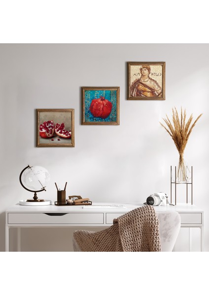 Soteria Mozaiği, Nar Taş Duvar Tablosu Ahşap Çerçeveli Duvar Dekoru 3 Parça Tablo Seti Wall Art W3-798