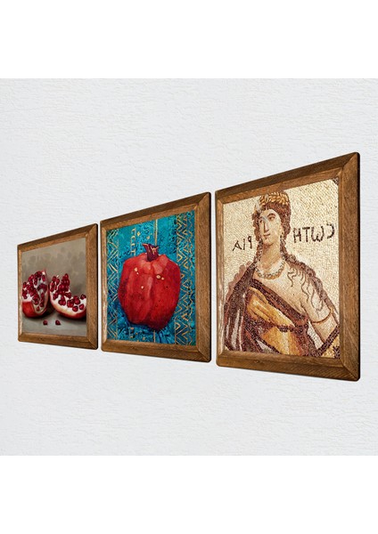 Soteria Mozaiği, Nar Taş Duvar Tablosu Ahşap Çerçeveli Duvar Dekoru 3 Parça Tablo Seti Wall Art W3-798