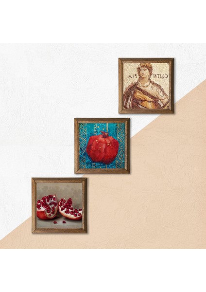Soteria Mozaiği, Nar Taş Duvar Tablosu Ahşap Çerçeveli Duvar Dekoru 3 Parça Tablo Seti Wall Art W3-798
