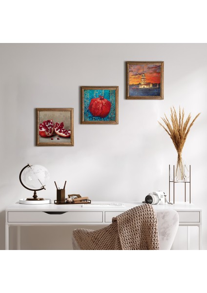 İstanbul Kız Kulesi, Nar Taş Duvar Tablosu Ahşap Çerçeveli Duvar Dekoru 3 Parça Tablo Seti Wall Art W3-799