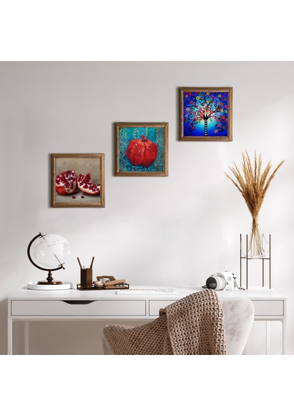Hayat Ağacı, Nar Taş Duvar Tablosu Ahşap Çerçeveli Duvar Dekoru 3 Parça Tablo Seti Wall Art W3-802