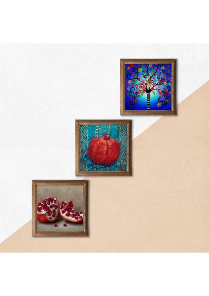 Hayat Ağacı, Nar Taş Duvar Tablosu Ahşap Çerçeveli Duvar Dekoru 3 Parça Tablo Seti Wall Art W3-802 indirimleri