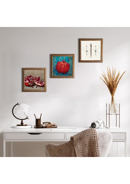 Elif, Nar Taş Duvar Tablosu Ahşap Çerçeveli Duvar Dekoru 3 Parça Tablo Seti Wall Art W3-811