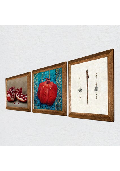 Elif, Nar Taş Duvar Tablosu Ahşap Çerçeveli Duvar Dekoru 3 Parça Tablo Seti Wall Art W3-811