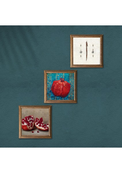 Elif, Nar Taş Duvar Tablosu Ahşap Çerçeveli Duvar Dekoru 3 Parça Tablo Seti Wall Art W3-811