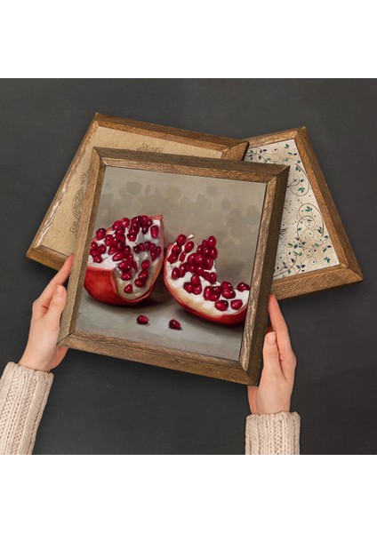 Elif, Nar Taş Duvar Tablosu Ahşap Çerçeveli Duvar Dekoru 3 Parça Tablo Seti Wall Art W3-811