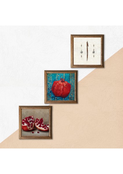 Elif, Nar Taş Duvar Tablosu Ahşap Çerçeveli Duvar Dekoru 3 Parça Tablo Seti Wall Art W3-811