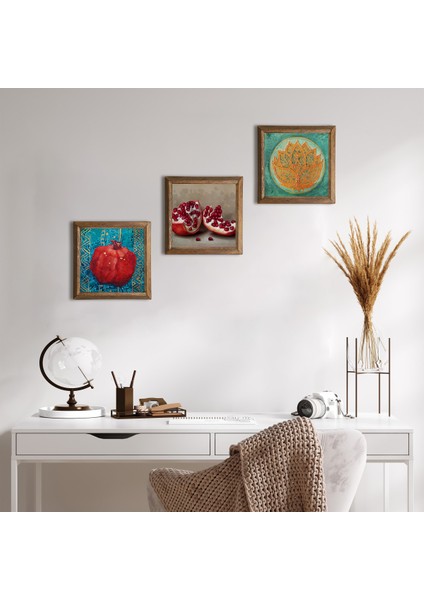 Lotus Çiçeği, Nar Taş Duvar Tablosu Ahşap Çerçeveli Duvar Dekoru 3 Parça Tablo Seti Wall Art W3-826