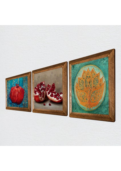 Lotus Çiçeği, Nar Taş Duvar Tablosu Ahşap Çerçeveli Duvar Dekoru 3 Parça Tablo Seti Wall Art W3-826 fiyatları