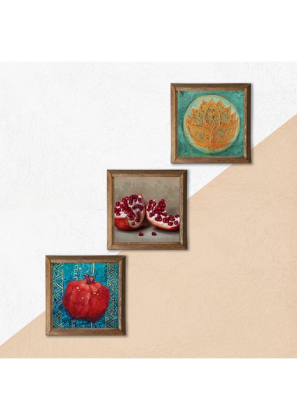 Lotus Çiçeği, Nar Taş Duvar Tablosu Ahşap Çerçeveli Duvar Dekoru 3 Parça Tablo Seti Wall Art W3-826 indirimleri