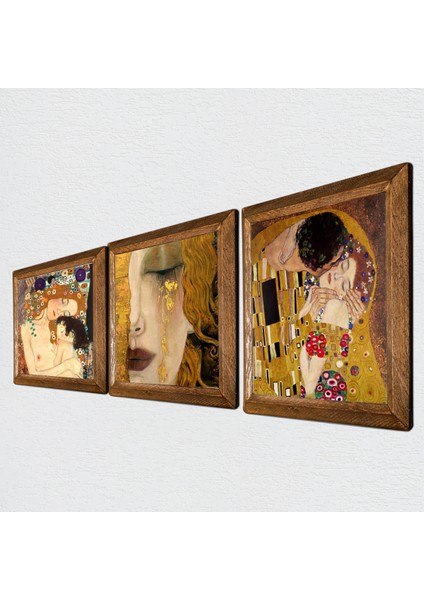 Gustav Klimt Altın Gözyaşları, Anne Çocuk, Öpücük Taş Duvar Tablosu Ahşap Çerçeveli Duvar Dekoru 3 Parça Tablo Seti Wall Art W3-83