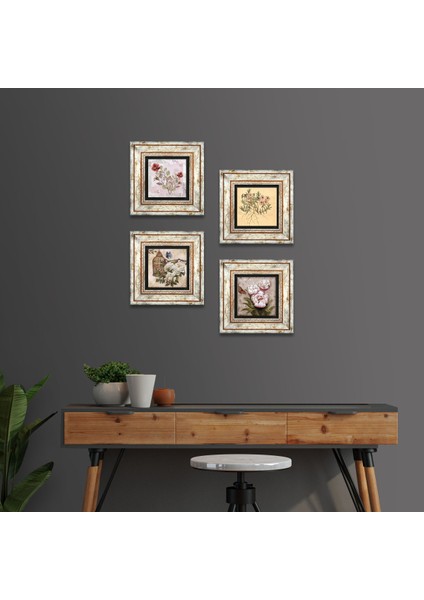 Gül, Vintage Çiçek, Kelebekli Çiçek Taş Duvar Tablosu Çerçeveli Duvar Dekoru 4 Parça Tablo Seti Wall Art T4-1862