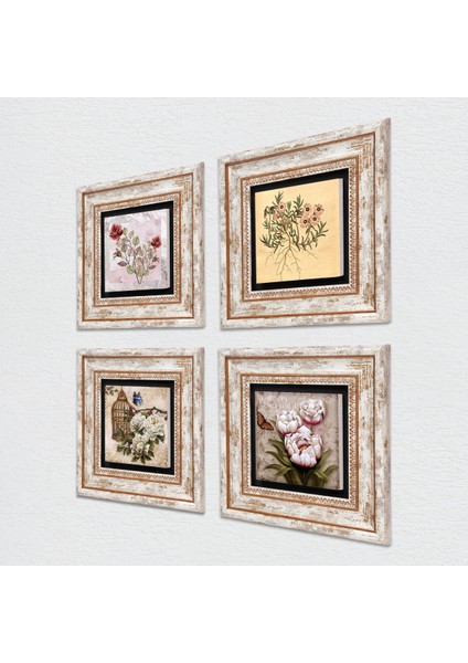 Gül, Vintage Çiçek, Kelebekli Çiçek Taş Duvar Tablosu Çerçeveli Duvar Dekoru 4 Parça Tablo Seti Wall Art T4-1862 fiyatları