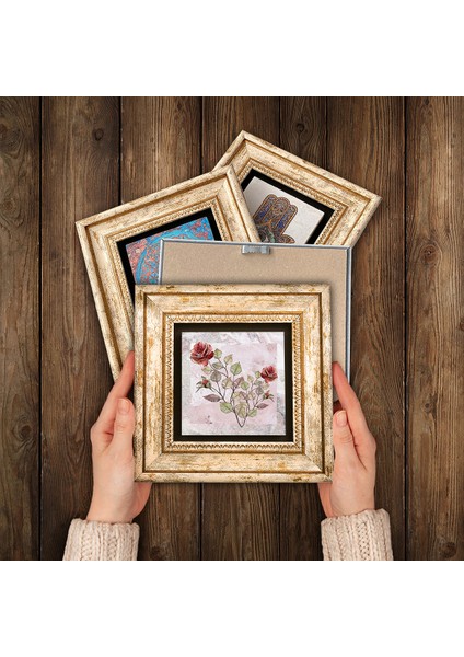 Gül, Vintage Çiçek, Kelebekli Çiçek Taş Duvar Tablosu Çerçeveli Duvar Dekoru 4 Parça Tablo Seti Wall Art T4-1862 modelleri