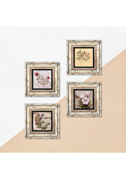 Gül, Vintage Çiçek, Kelebekli Çiçek Taş Duvar Tablosu Çerçeveli Duvar Dekoru 4 Parça Tablo Seti Wall Art T4-1862 indirimleri