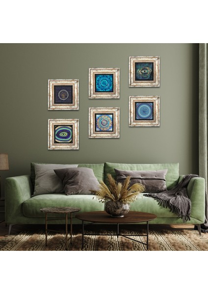 Mandala, Nazar Taş Duvar Tablosu Çerçeveli Duvar Dekoru 6 Parça Tablo Seti Wall Art T6-78