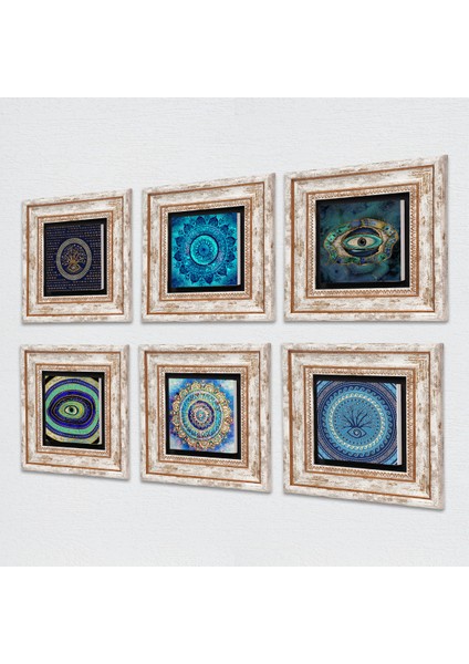Mandala, Nazar Taş Duvar Tablosu Çerçeveli Duvar Dekoru 6 Parça Tablo Seti Wall Art T6-78